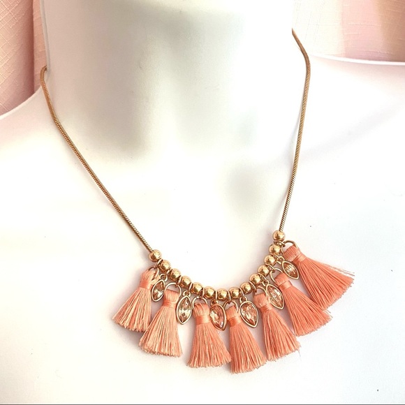 CHAPS Peach Cotton Tassels Necklace Goldtone Chain with Rhinestones - Picture 8 of 10
